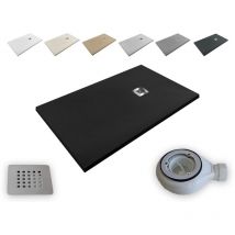 Outletaseo - Plato de Ducha Resina Aligerado Extraplano Aligeres – 【90x140 cm, negro ral 9005】 - Antideslizante Textura Pizarra - Incluye Válvula