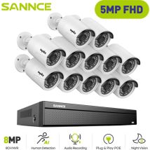 Sannce Poe-überwachungskamerasystem, 16 Kanäle Nvr Mit 5 Mp × 12 Poe-überwachungskamera, 24/7-aufzeichnung, Ir-nachtsicht