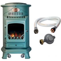 Poele à gaz 3,4 kw Vert Effet poêle à bois Fonte véritable + Tuyau gaz + détendeur butane Provence Universal