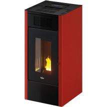 Poele a' granule's Pegaso Saba 14 revetement en me'tal peint rouge 14 kw pour 336 m ventilation frontale a' 5 vitesses