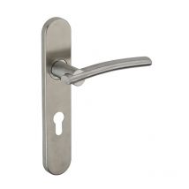 Ensemble de poignées pour porte d'entrée Poseidon trou de cylindre, carré 7mm, entr'axes 195mm, inox brossé