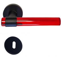 Poignées de Porte 'joy' rouges Plexiglas Cristallines sur Pieds Inox Noirs. +1 Paire de rosaces à trou de clé