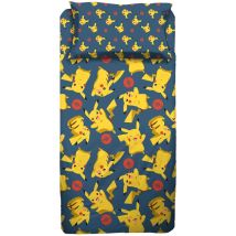 Pokemon, Set Lenzuolo Singolo Cameretta, Una Piazza, Completo Letto, Lenzuolo Sopra, Lenzuolo Sotto Con Angoli, Federa, 100% Cotone, Prodotto 