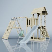 OutdoorToysOutdoor Spielturm mit Wellenrutsche Klettergerüst mit Kletterturm, Kletterwand und Klettwernetz, Ausführung: Babyschaukel, Farbe: Eisblau
