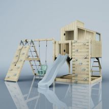 OutdoorToys Outdoor Spielturm mit Wellenrutsche Spielhaus aus Holz mit Kinderschaukel, Kletterwand, Kletternetz, Ausführung: Babyschaukel, Farbe:
