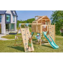 OutdoorToys Outdoor Spielturm mit Wellenrutsche Spielhaus aus Holz mit Kletterwand, Kletternetz, Ausführung: Kinderschaukel, Farbe: Altrosa