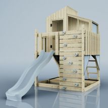 OutdoorToys Spielturm aus Holz mit Wellenrutsche Outdoor Klettergerüst mit Plattform, Spielhaus, Kletterwand, Sandkasten und Kleterseil- Eisblau