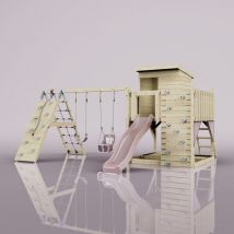 Polarplay - OutdoorToys Spielturm Frida aus Holz in Rosa mit Babyschaukel