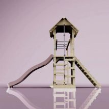 Spielturm Lund aus Holz – 2m Hangelstangen – Rutsche – Altrosa – Outdoor-Spielzeug