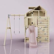 POLARPLAY Spielturm Madita aus Holz in Altrosa – Kinderschaukel – Kletterwand – Rutsche – Spielhaus – 50 kg max. Gewicht