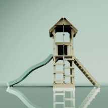 OutdoorToys Spielturm aus Holz mit Wellenrutsche Outdoor Klettergerüst mit Plattform und Kleterseil- Mintgrün