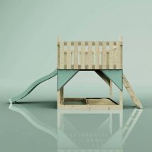 OutdoorToys Spielturm aus Holz mit Kletterwand Outdoor Klettergerüst mit Plattform, Wellenrutsche und Sandkasten- Mintgrün