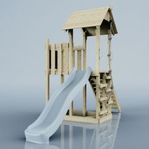 Polarplay - OutdoorToys Spielturm aus Holz mit Wellenrutsche Outdoor Klettergerüst mit Plattform und Kleterseil- Eisblau