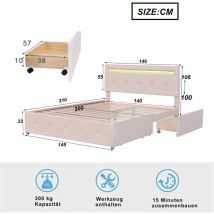 L&h-cfcahl - Polsterbett 140 x 200 cm mit led, Lattenrost & Bettkasten auf Rollen,, Einzelbett mit Kopfteil & 4 Schubladen, hautfreudliches
