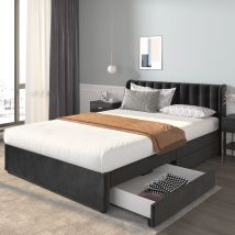 Qhj - Polsterbett 140 X 200 Cm Samt Mit Lattenrost R ̈¹ckenlehne 2 Schubladen, Schwarz