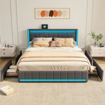 Polsterbett 140x200cm, Doppelbett mit USB-Ladefunktion, LED-Beleuchtung und 4 Schubladen, Bettkasten mit Stauraum, Holzlattenrost, Leinenoberfläche,