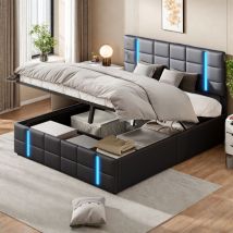 Polsterbett 160x200cm,Erwachsenenbett,mit LED-Lichtleiste und USB-Anschluss,Bettkasten,Funktionsbett,Jugendbett,PU,schwarz