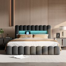 Rosahqnda - Polsterbett 160x200 cm, Eingebettete Matratze, Doppelbett mit weicher Rückenlehne, gepolsterter Rand, Kopfteil mit led und USB-Anschluss,