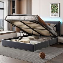 Polsterbett 140x200 cm, mit LED-Beleuchtung, hydraulischem Stauraum, Samt, Lattenrost, minimalistischer Stil, geeignet für Erwachsene und Jugendliche