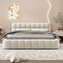 Polsterbett 140x200, Doppelbett Mit Weicher Rückenlehne, Gepolstertes Bettgestell Mit Lattenrost, Jugendbett, Keine Matratze, Leinenstoff, Beige