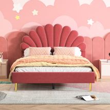 Polsterbett Kinderbett 140x200, Doppelbett Mit Kopfteil In Blumenform, Bettgestell Mit Lattenrost, Geeignet Für Kinder Und Jugendliche, Samtstoff, 