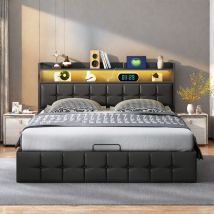 Polsterbett 160x200cm, Doppelbett für Erwachsene, Hydraulisches Stauraumbett, Kopfteil mit LED und Ladeanschluss, Funktionsbett, PU Schwarz