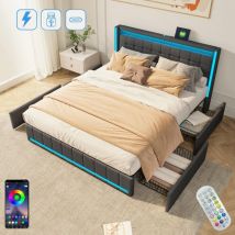 Polsterbett 160x200cm, mit 4 Schubladen, LED-Beleuchtung, Fernbedienung, Lattenrost, USB-Ladefunktion Typ c, Doppelbett aus Leinenstoff - Grau