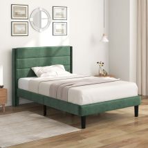QHJ - Polsterbett 90 x 200 cm, Bettgestell mit Lattenrost & Kopfteil, gepolstertes Doppelbett, Textilbezug Samt in Dunkelgr ̈¹n, Zeitloses modernes