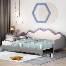 Polsterbett 90(180)190cm, 2 in 1 Multifunktions-Schlafsofa, Kinderbett aus Kunstleder mit LED-Beleuchtung, mit Lattenrost, grau