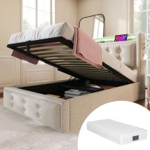 Polsterbett 90x200, Einzelbett Mit Led-kopfteil Und Usb C Ladefunktion, Hydraulisches Bett Mit Lattenrost Aus Holz Und Metallrahmen, Belastbarkeit 150