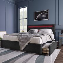 Polsterbett (140x200cm ohne Matratze, 1-teilig, Bettrahmen mit LED-Beleuchtung und 4 Schubladen) schwarz