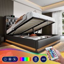 Polsterbett Doppelbett 160 X 200 Cm, Hydraulisches Stauraumbett Aus Pu, Gepolstertes Kopfteil Mit Usb Typ-c, 3-seitige Led-beleuchtung, Schwarz, Ohne 