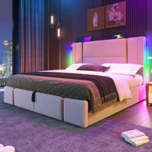 Polsterbett Doppelbett 160 X 200 Cm Mit App-gesteuerter Led-beleuchtung Und Usb Typ-c, Stauraumbett Mit Holzlattenrost, Leinen Beige, Ohne Matratze