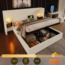 Polsterbett Doppelbett 160 X 200 Cm Mit Nachttisch, Leselampe Und Usb Typ-c Ladefunktion, Stauraumbett Mit Lattenrost Aus Massivholz Und Metall, 