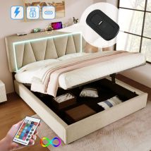 Polsterbett LED-Doppelbett mit USB-Typ-C-Ladefunktion und LED-Beleuchtung, Stauraumbetten Leinenbettgestell Jugendbett 160x200 mit Lattenrost (ohne