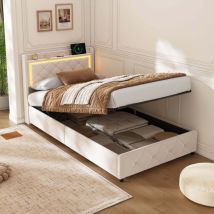 Polsterbett Einzelbett 90x200 Cm, Kinderbett Mit Stauraum 90x200, Bettgestell Mädchen Mit Led-beleuchtung Und Usb Ladestation, Lattenrost, Samt, Beige