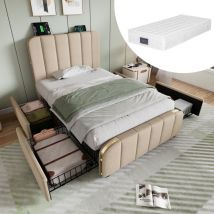 Polsterbett Einzelbett, Gepolstertes Kopfteil Mit Goldenen Zierstreifen Und ,usb Typ-c Ladefunktion 90200 Cm, Beige Leinen-material Mit 4 Schubladen (