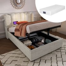 Polsterbett Einzelbett Leselicht Mit Ladefunktion Kopfteil Stauraum Bettgestell Leinenmaterial Jugendbett 90x200 Mit Lattenrost,natürlich(mit Matratze