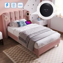 Okwish - Polsterbett Einzelbett mit usb Typ c Ladefunktion, Bettgestell mit Lattenrost, rosa Polsterbett, Bettgestell 90 x 200 cm, Jugendbett für