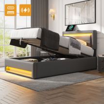 Polsterbett 90 X 200 Cm, Mit Usb-anschluss (unterstützt Kabel Und Kabelanschlüsse Laden), Mit Led-beleuchtung Und Stauraum, Ohne Matratze, Pu-litschi-