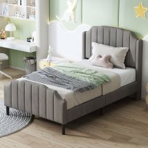 Okwish - Polsterbett 90 x 200 cm, Kinderbettgestell mit Kopfteil, Fußteil und Lattenrost, Doppelbett gepolstert mit grauem Samt, Jugendbett,