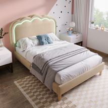 Redom - led Polsterbett Einzelbett 90x200cm, Bettgestell mit Lattenrost und verstellbarem Kopfteil, Beiges Polsterbett, Bettgestell Jugendbett für