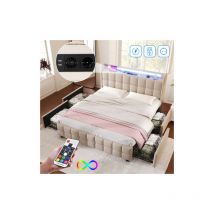 Polsterbett mit aufladen usb Ladefunktion Kopfteil und LED-Beleuchtung und 4 Schubladen,Doppelbett 140x200cm Stauraumbetten Bettgestell, Lattenrost