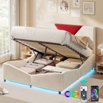 Polsterbett Mit Bettkasten 140x190 Cm, Zweifarbiges Dreieck-design In Bordeaux, Anpassbare Led-beleuchtung, Samtstoff, Moderner Und Schlichter Stil, 