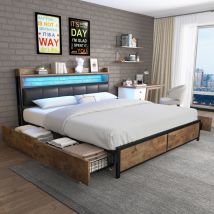 Polsterbett mit Lattenrost und Kopfteil, LED-Bett, Jugendbett, mit 4 Schubladen, für Erwachsene & Jugendliche, Aufbewahrungsfunktion, Einfache