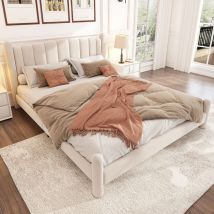Polsterbett mit Lattenrost und Kopfteil, Stilvolles fächerförmiges Kopfteil, Zylindrische Stützbeine,Samt, Beige,180x200cm
