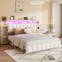 Polsterbett 160200 cm, mit mehreren Ablagen, mit LED-Beleuchtung, Kopfteil für Stauraum, Bettgestell aus massivem Eisen, Jugendbett, Doppelbett,