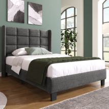 Polsterbett Mit Seinem Gepolstertes Kopfteil Einzelbett Mit Lattenrost, In Blau Leinen, Mittelfest (mit Federkernmatratze)