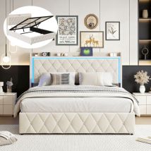 Polsterbett Mit Stauraum 140x200 Cm, Mit Led-beleuchtung Und Usb Ladestation, Doppelbett Mit Lattenrost Et Kopfteil, Bett Für Erwachsene Und 