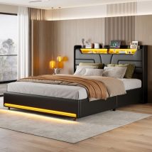 Polsterbett mit Stauraum 140x200cm, Doppelbett mit Stauraum, Holzlattenrost, Kopfteil mit LED-Lichtleiste und USB-Ladeanschluss, modernes Design,